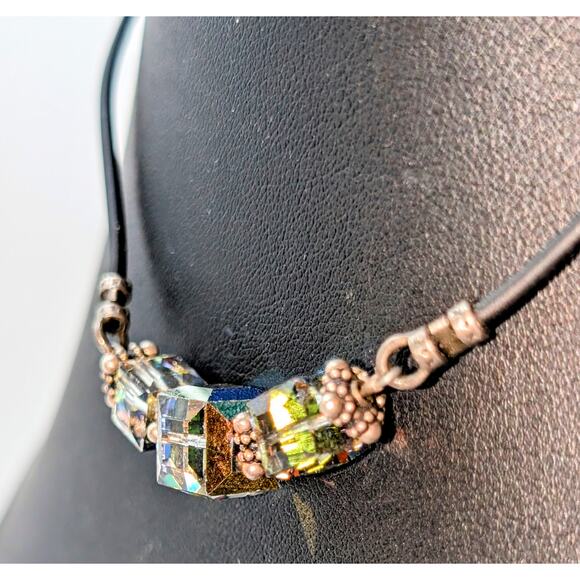 925 Corded Square AB Crystal Beaded 15.5" Choker Necklace - Picture 2 of 9